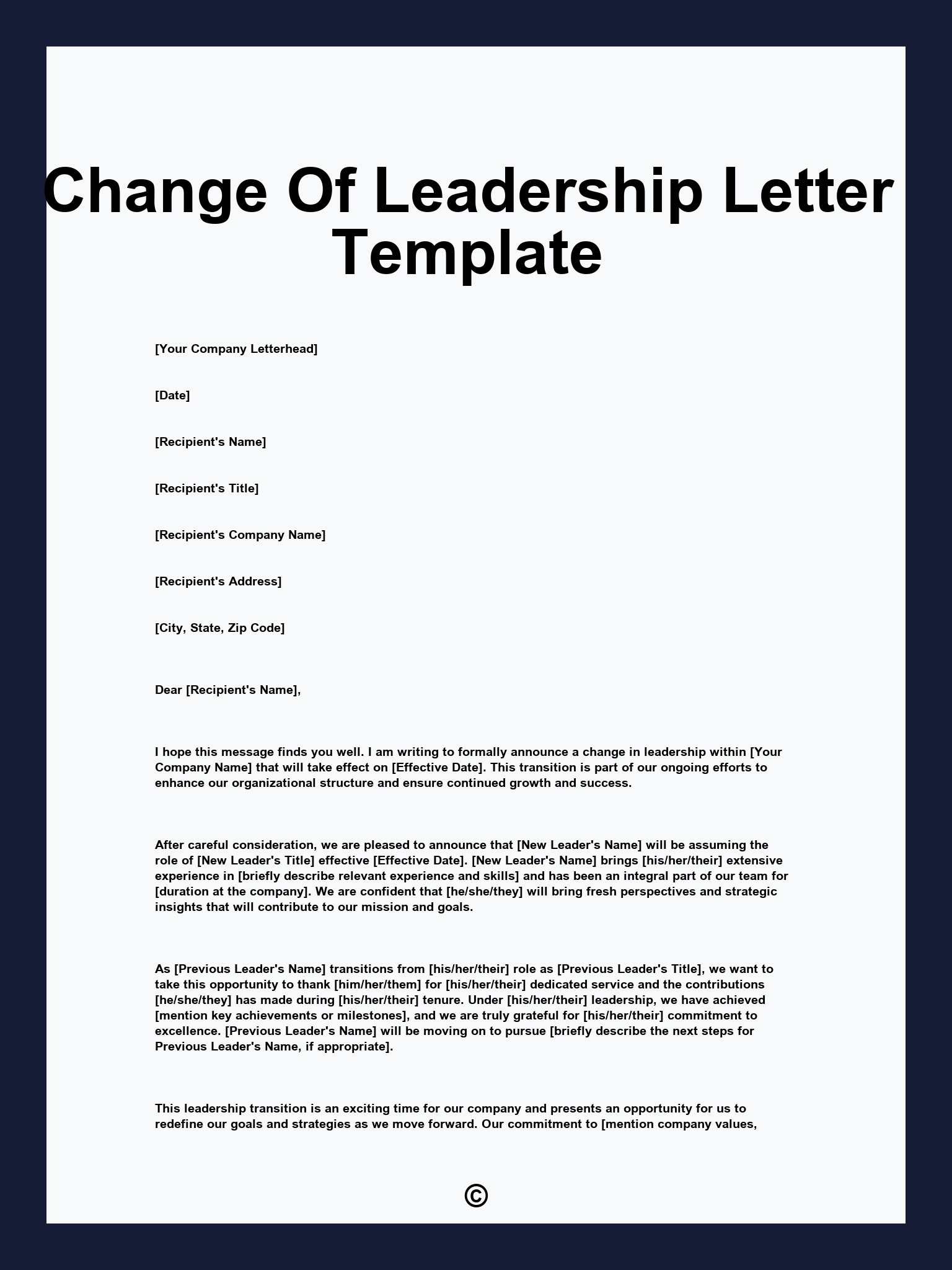 Change Of Leadership Letter Template