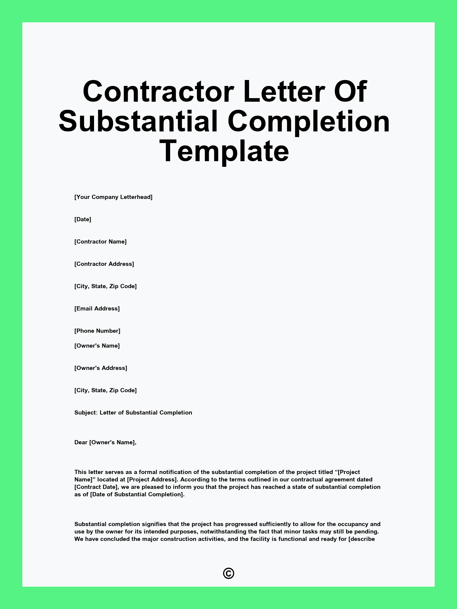 Contractor Letter Of Substantial Completion Template