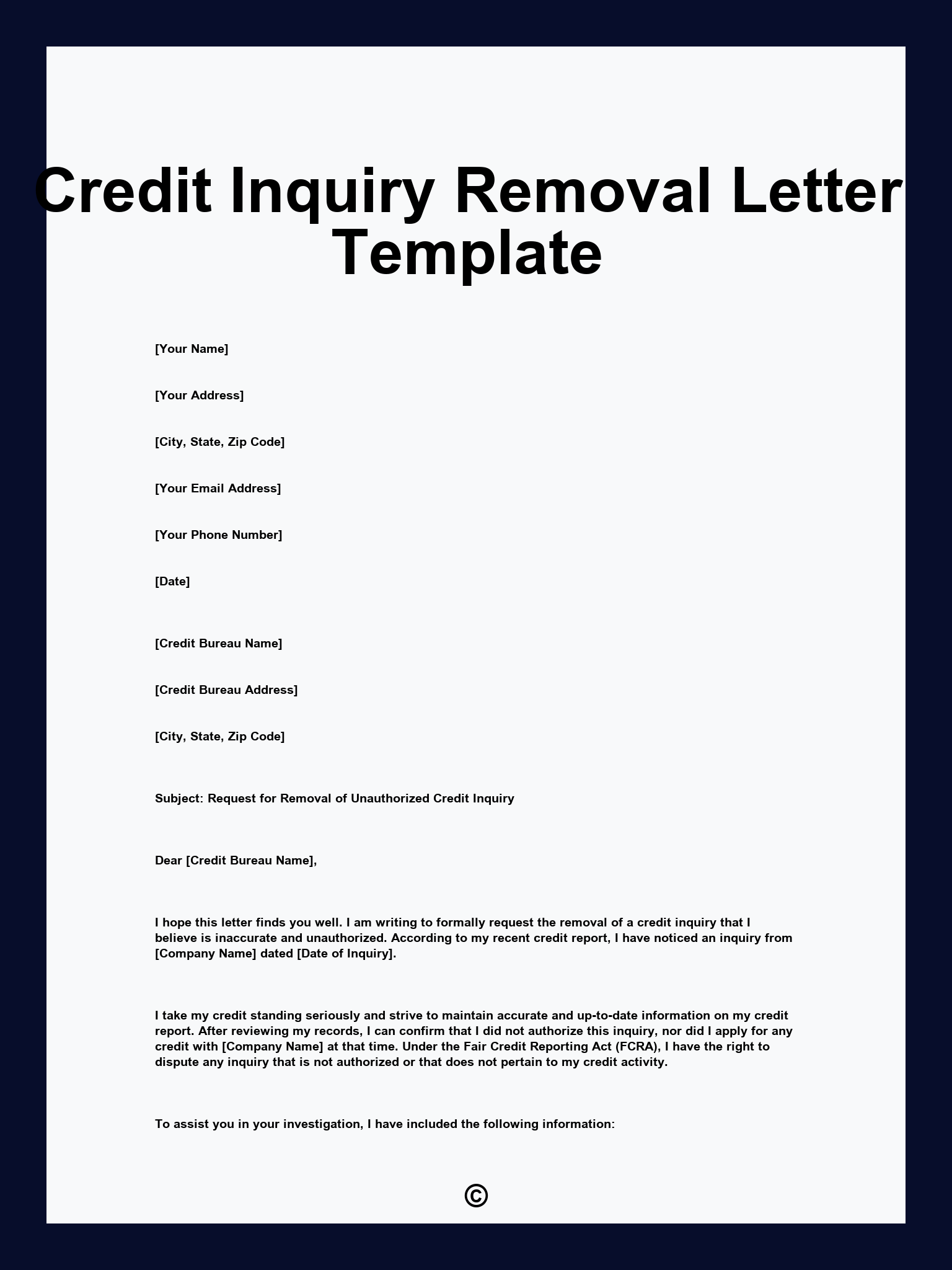 Credit Inquiry Removal Letter Template