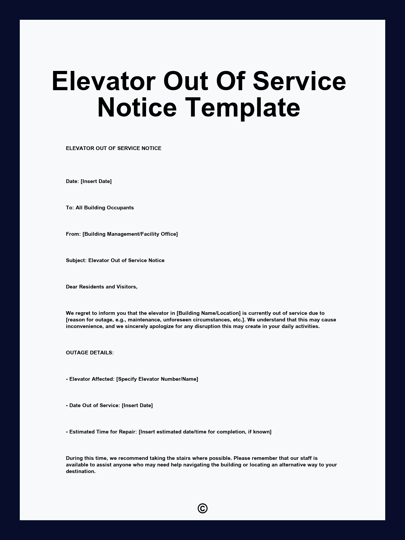 Elevator Out Of Service Notice Template