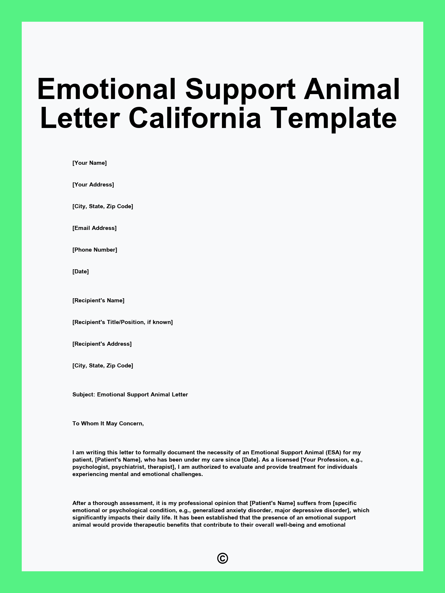 Emotional Support Animal Letter California Template