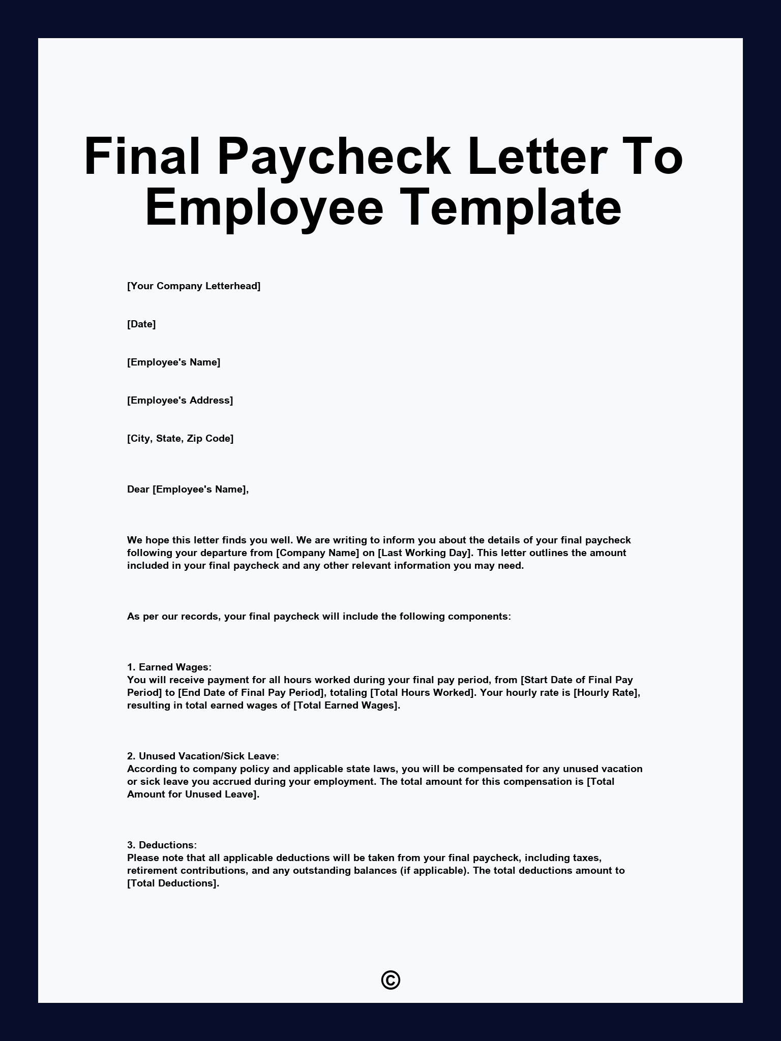 Final Paycheck Letter To Employee Template