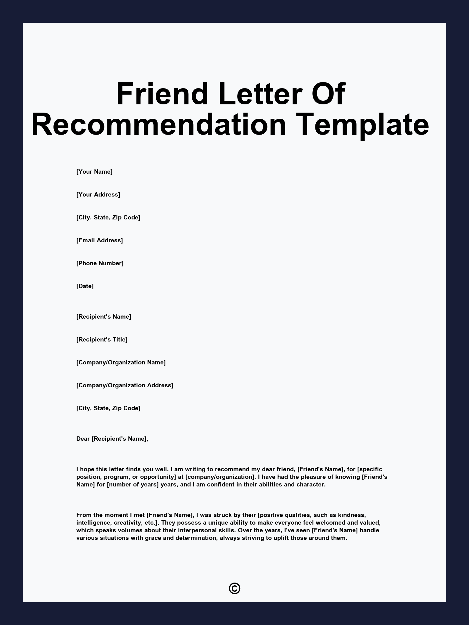 Friend Letter Of Recommendation Template