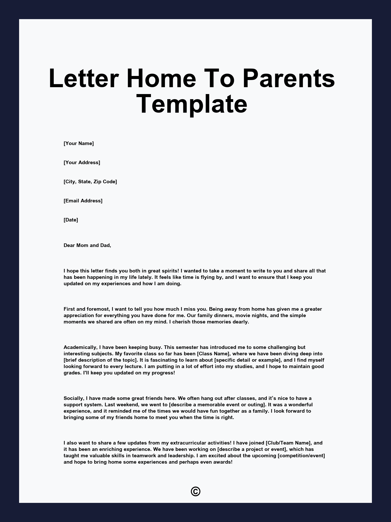 Letter Home To Parents Template