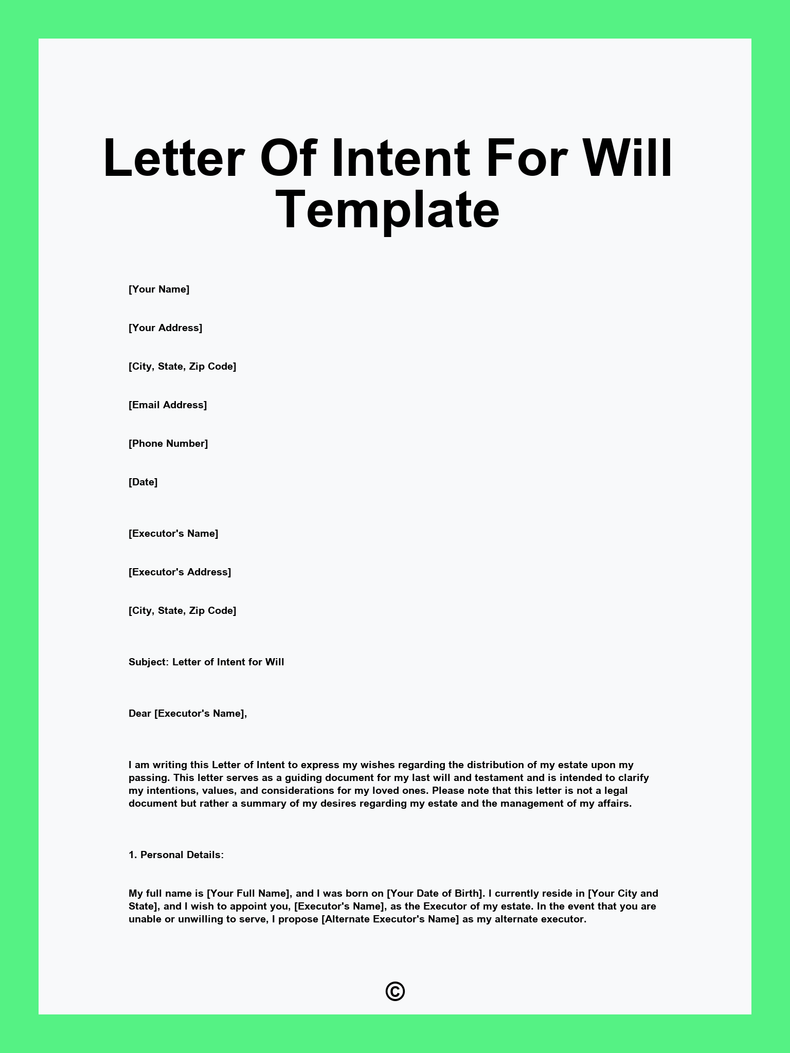 Letter Of Intent For Will Template