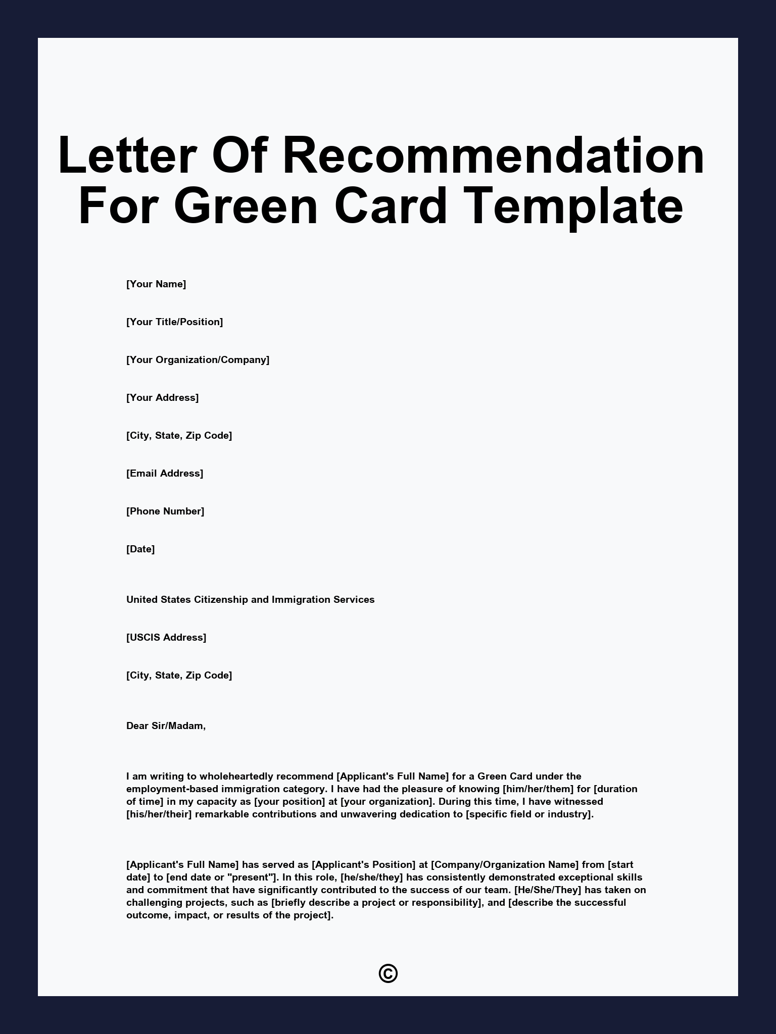 Letter Of Recommendation For Green Card Template