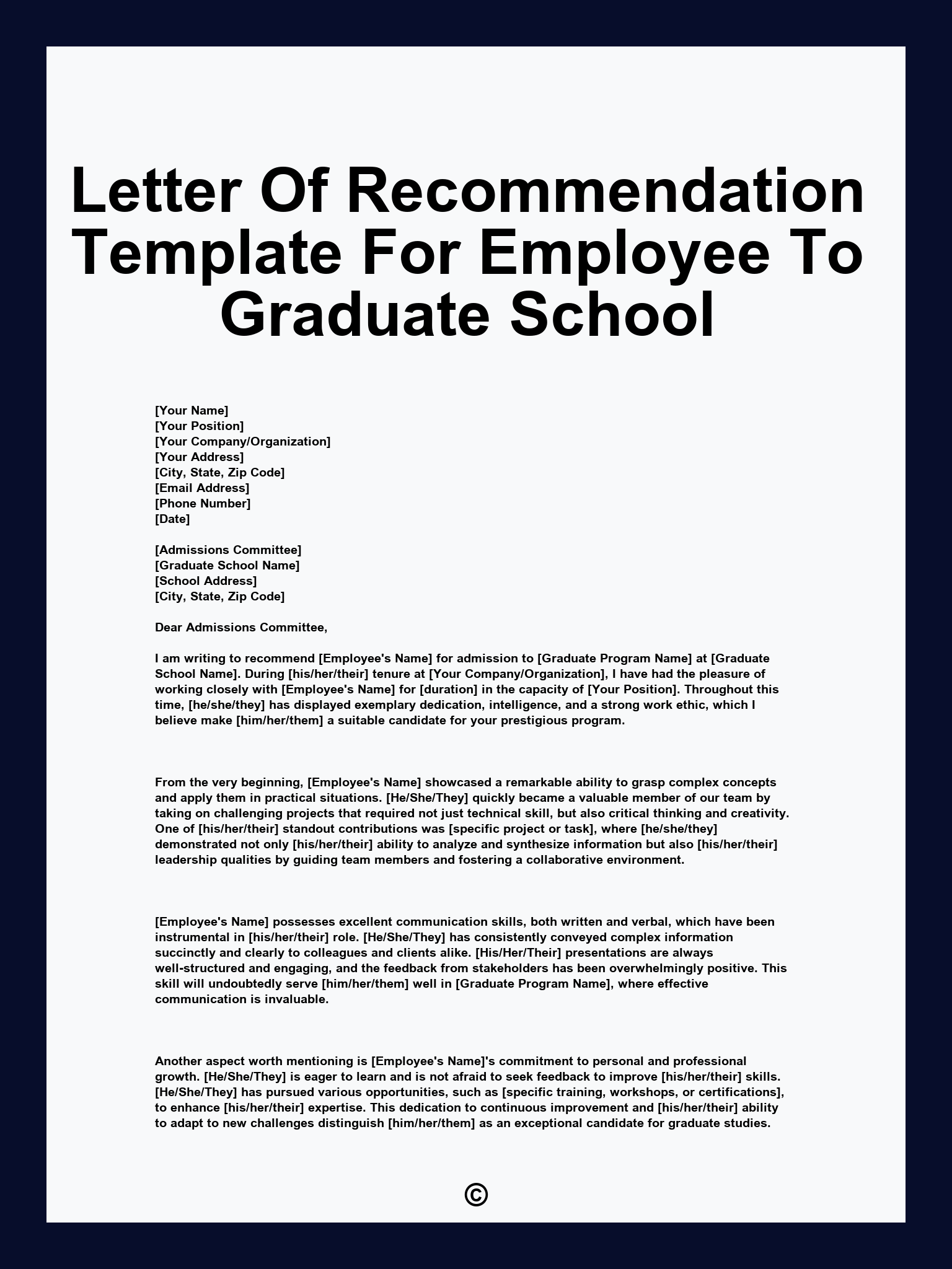 Letter Of Recommendation Template For Employee To Graduate School