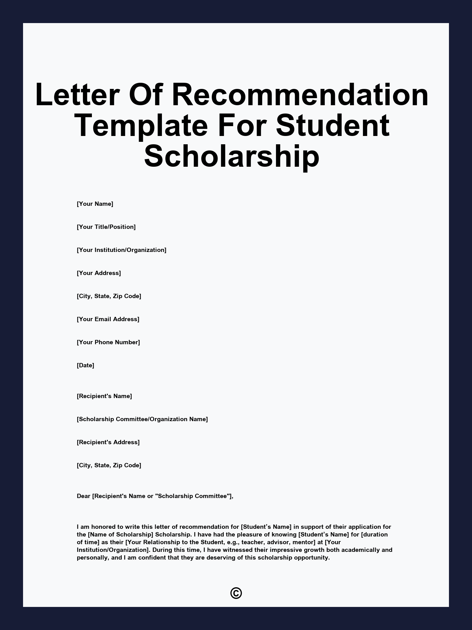 Letter Of Recommendation Template For Student Scholarship