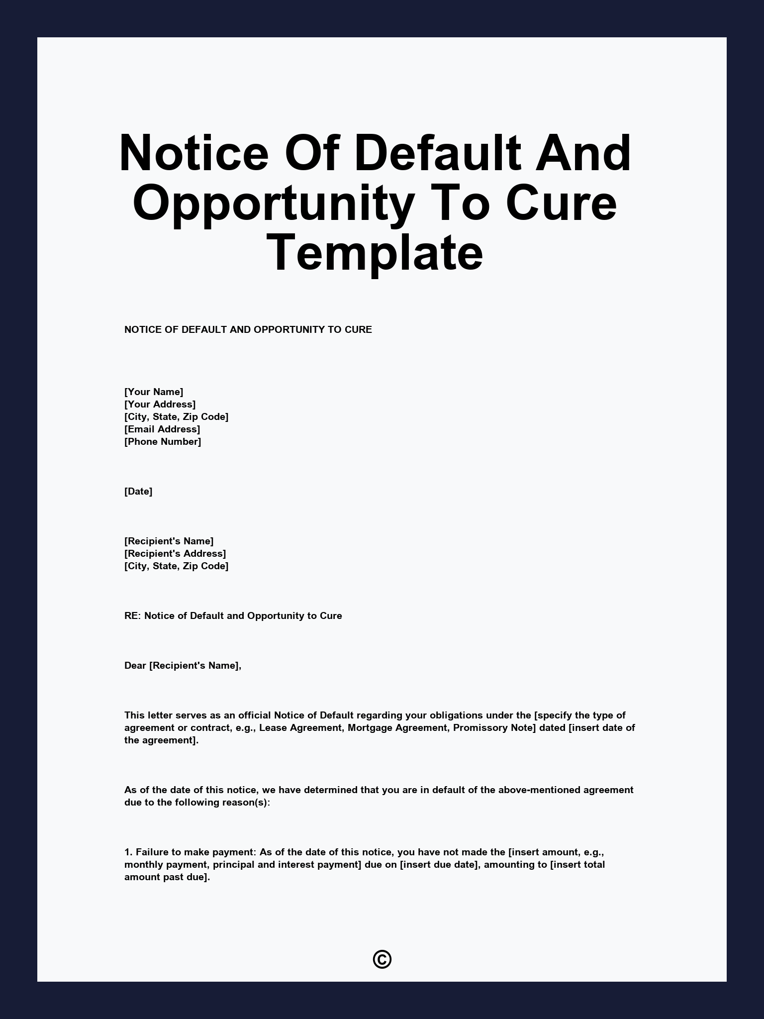 Notice Of Default And Opportunity To Cure Template
