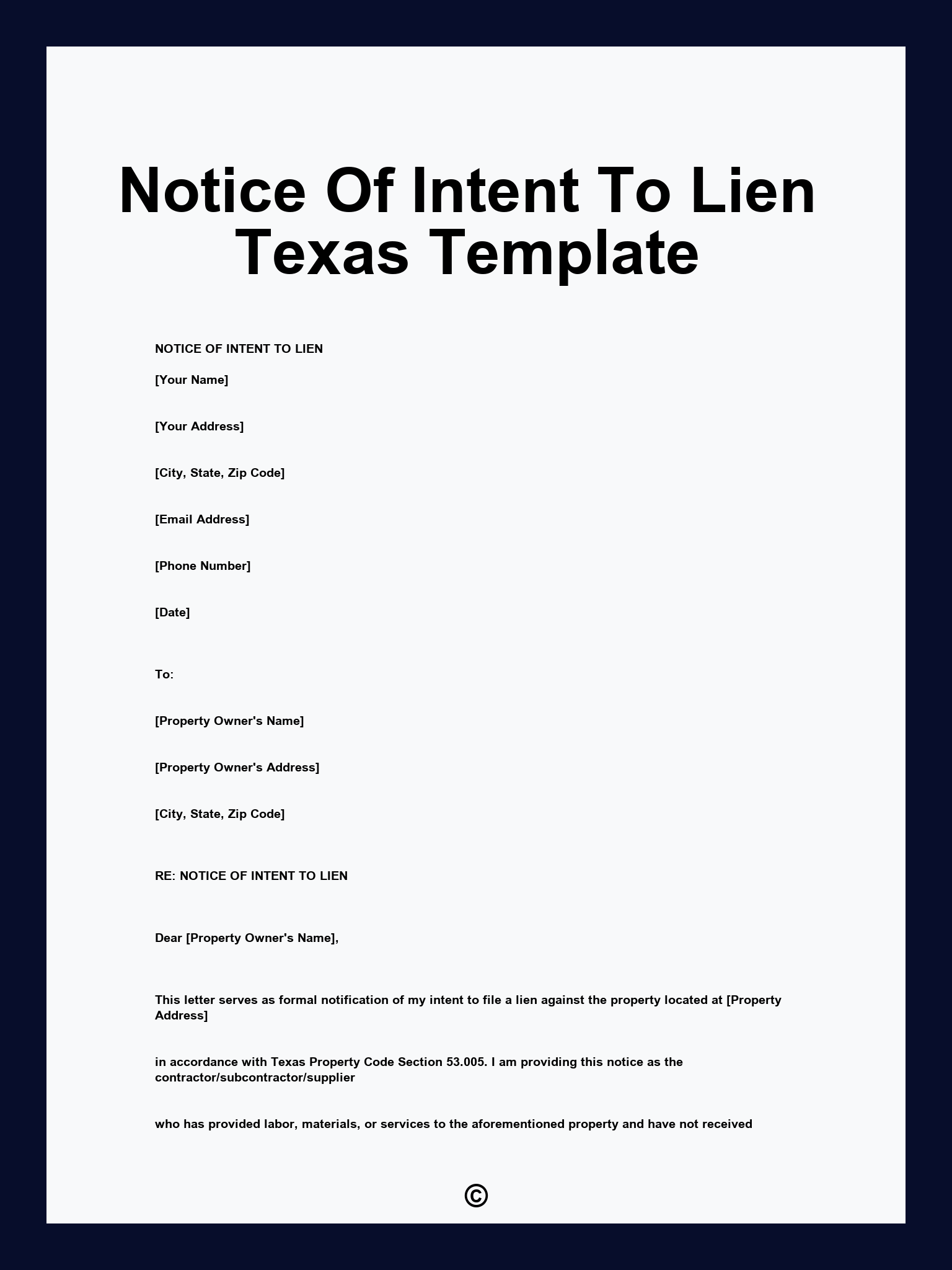 Notice Of Intent To Lien Texas Template