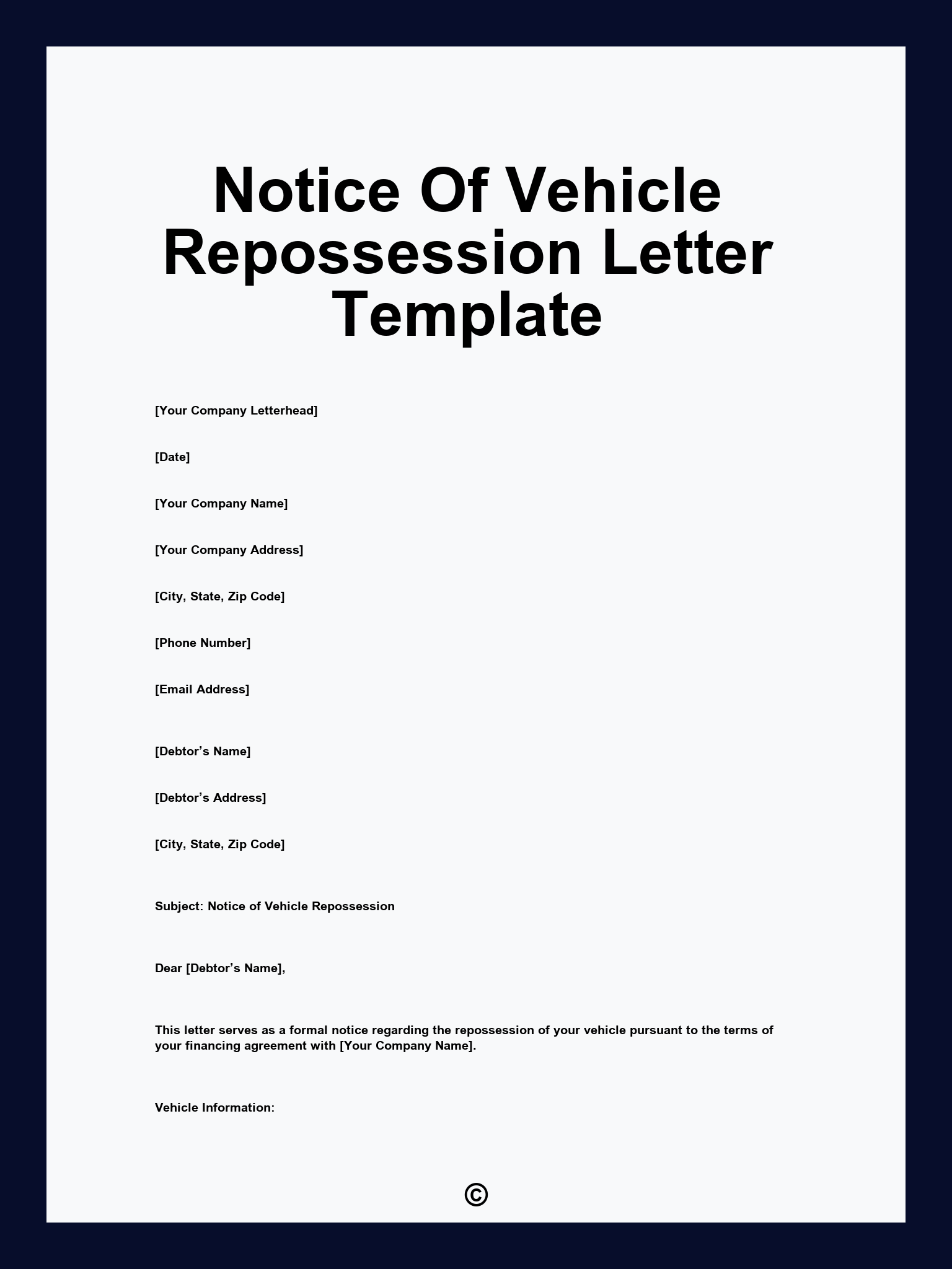 Notice Of Vehicle Repossession Letter Template