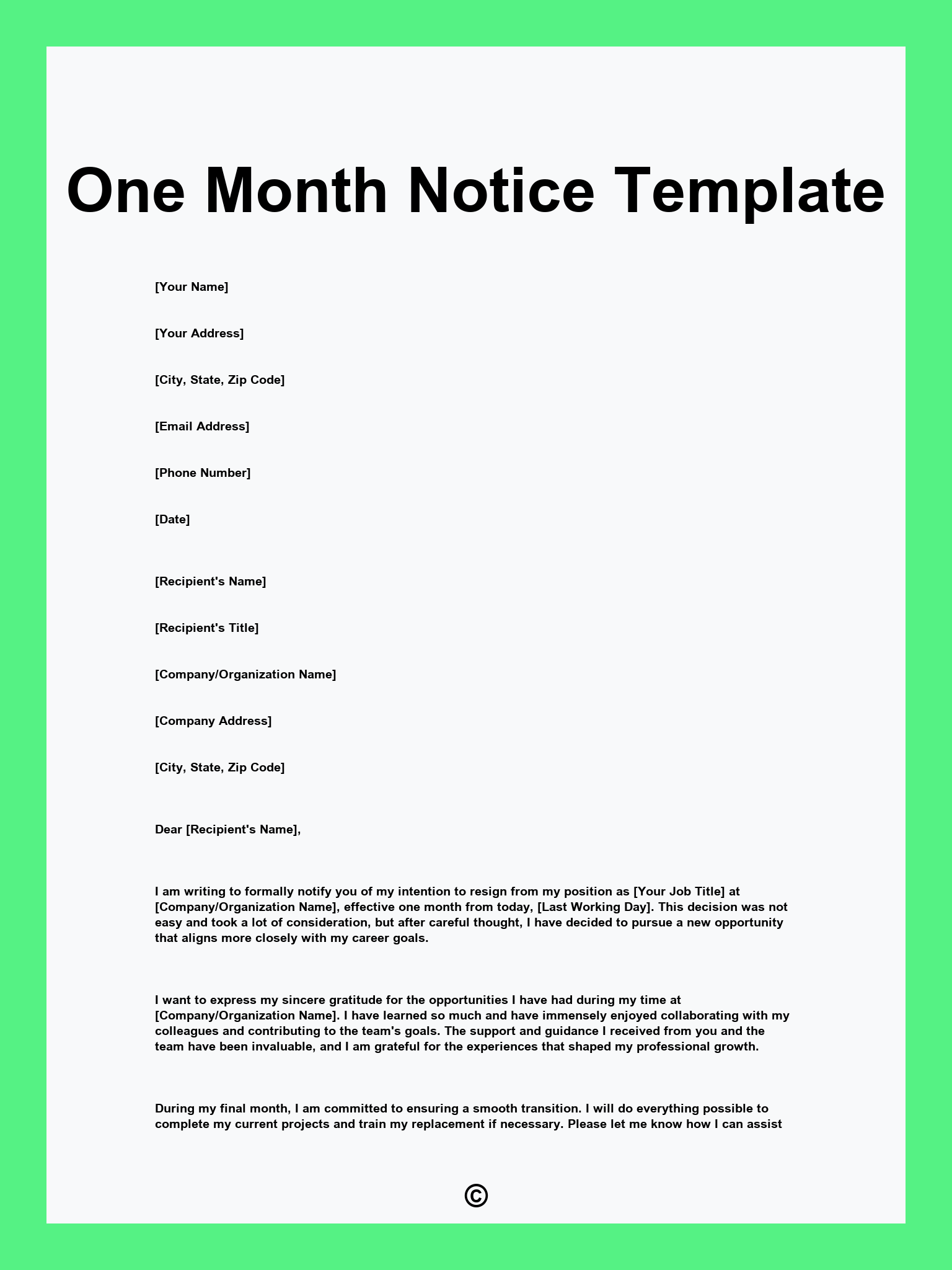 One Month Notice Template