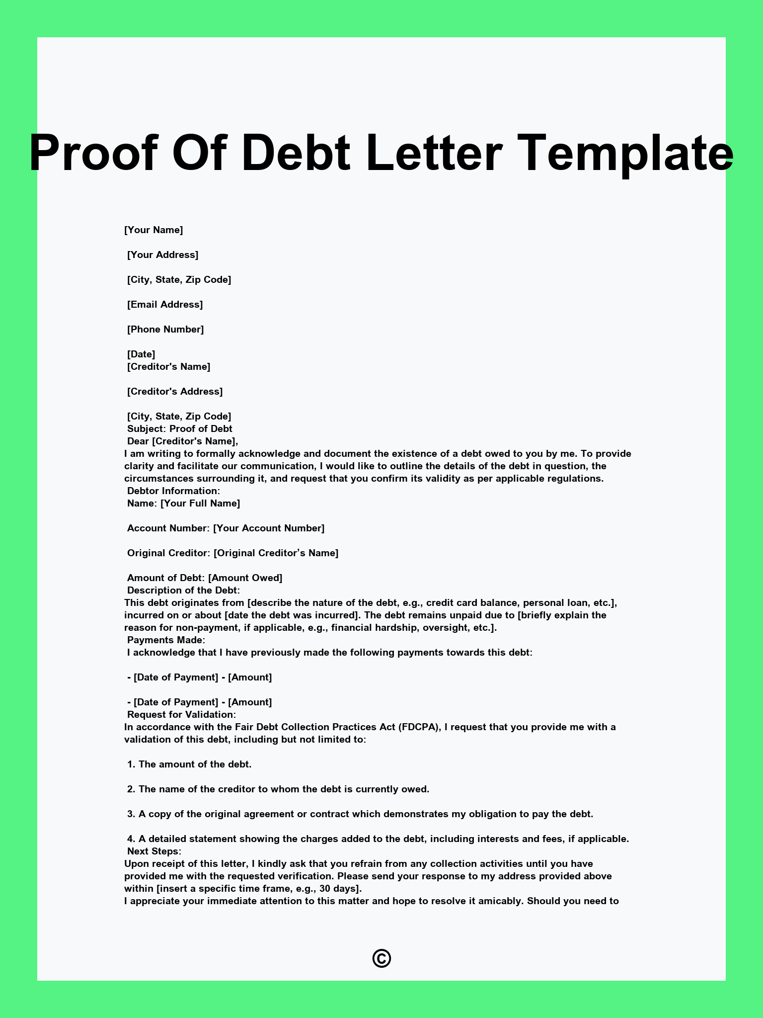 Proof Of Debt Letter Template