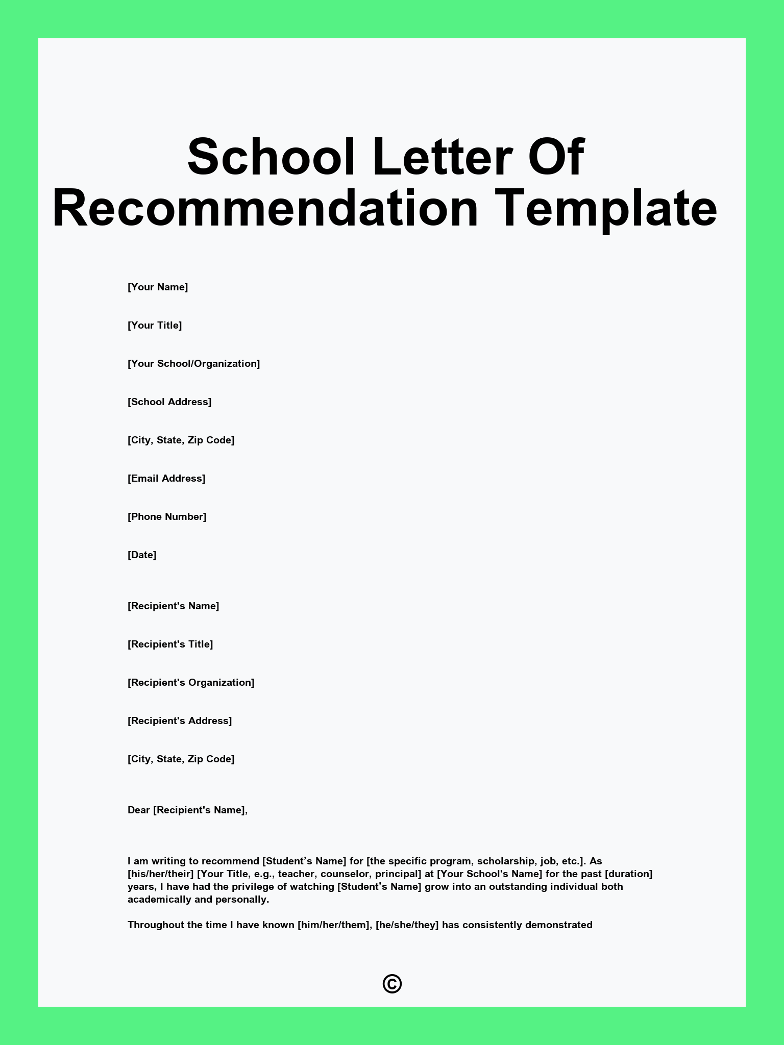 School Letter Of Recommendation Template