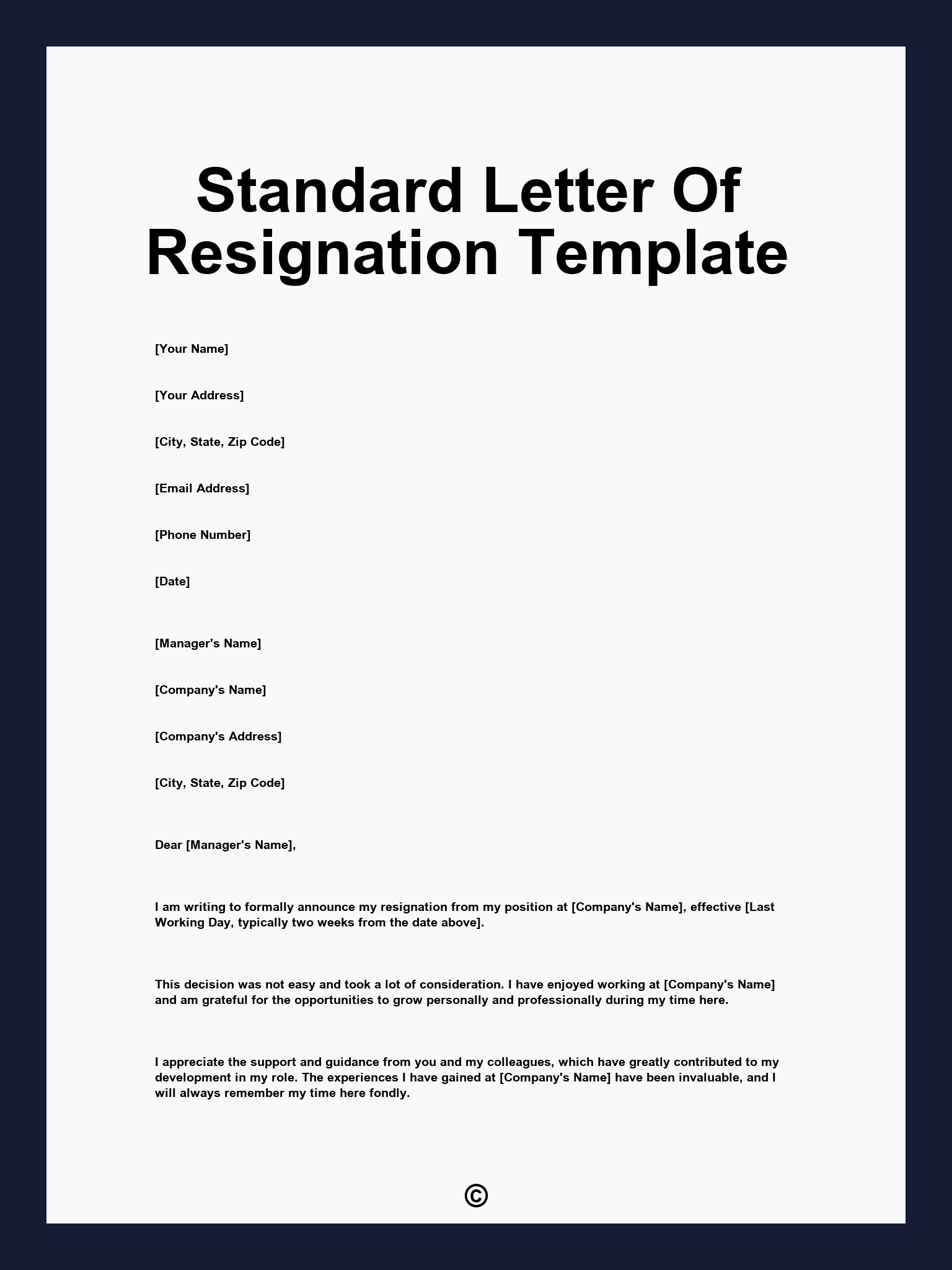 Standard Letter Of Resignation Template