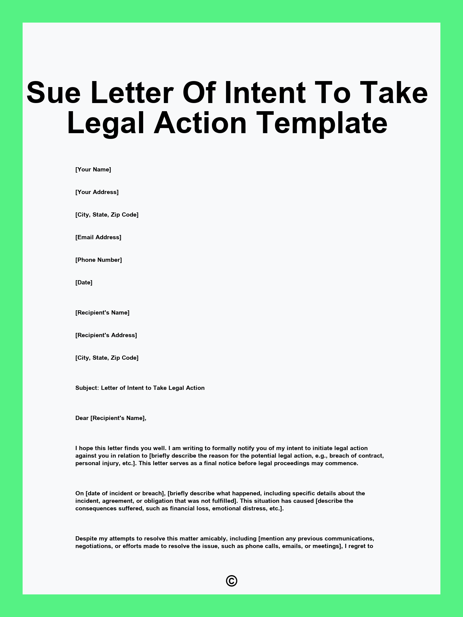 Sue Letter Of Intent To Take Legal Action Template