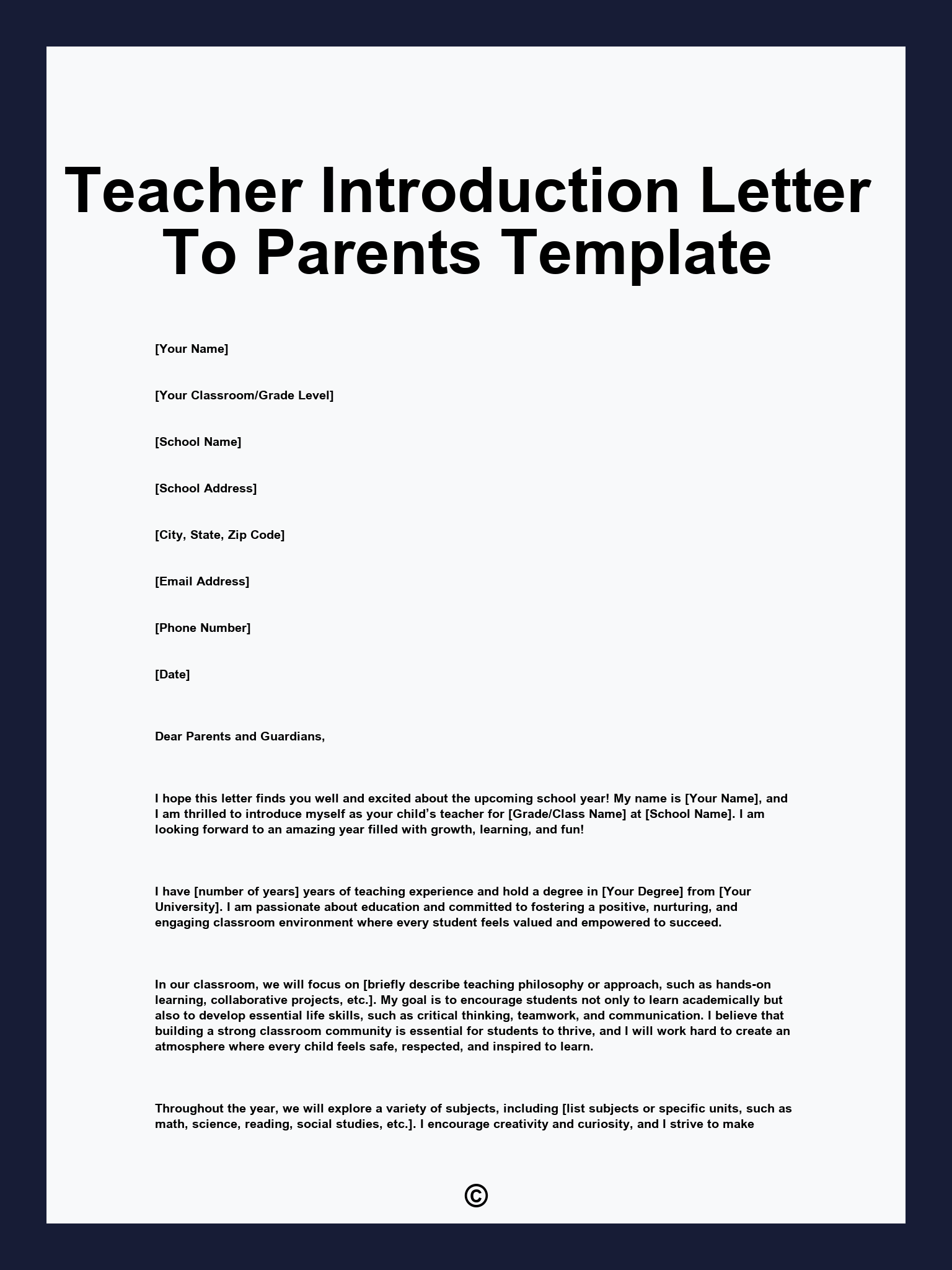 Teacher Introduction Letter To Parents Template