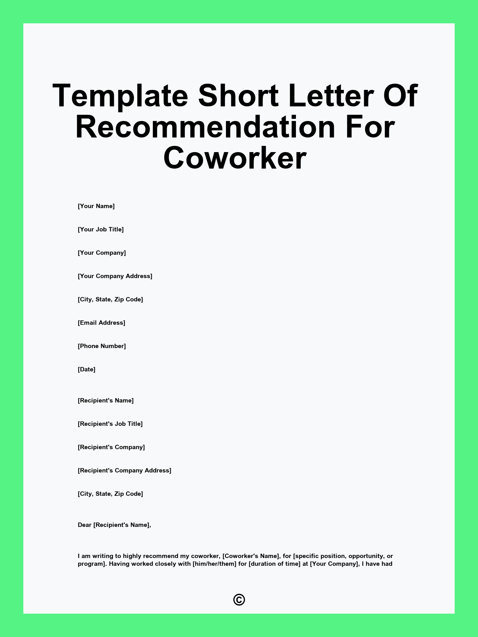 Template Short Letter Of Recommendation For Coworker